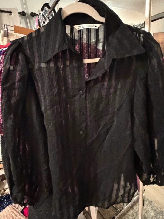 Zara Tops - Zara Black Sheer Striped Button-Down Shirt